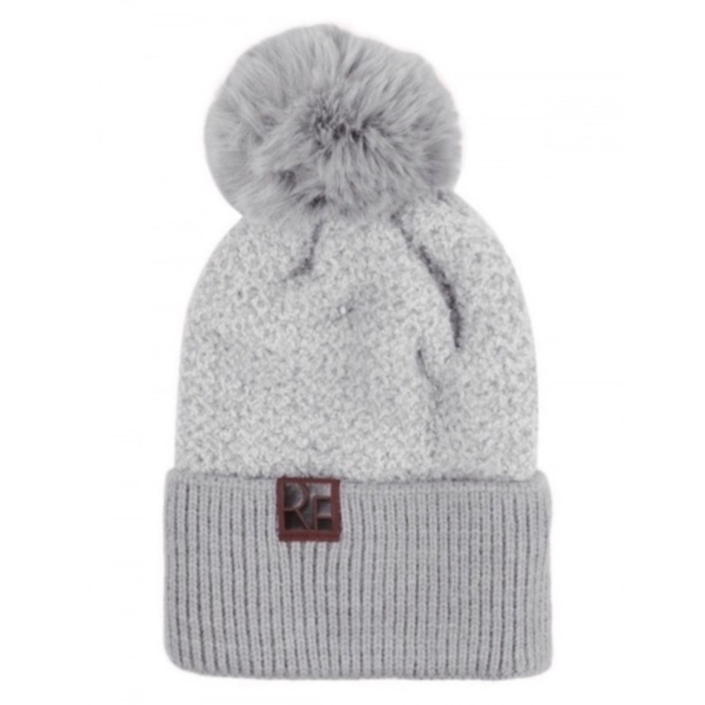 Grey knit faux fur pom beanie